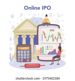 Initial Public Offerings specialist online service or platform. IPO consultant. Investing strategy. Idea of finance growth. Online IPO. Vector flat illustration