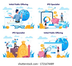 Initial Public Offerings specialist set. IPO consultant. Investing strategy. Idea of money increase and finance growth. Vector illustration in flat style