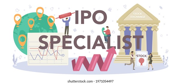 Initial Public Offerings specialist typographic header. IPO consultant. Investing strategy. Idea of money increase and finance growth. Vector flat illustration