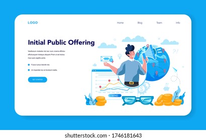 Cartel o página de inicio de la oferta pública inicial. Consultor de OPV. Estrategia de inversión. Idea de aumento de dinero y crecimiento financiero. Ilustración vectorial en estilo plano