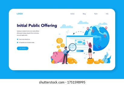 Cartel o página de inicio de la oferta pública inicial. Consultor de OPV. Estrategia de inversión. Idea de aumento de dinero y crecimiento financiero. Ilustración vectorial en estilo plano
