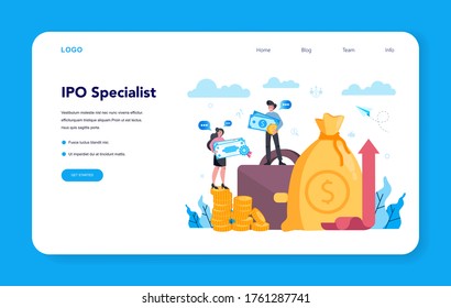 Initial Public Offerings specialist web banner or landing page. IPO consultant. Investing strategy. Idea of money increase and finance growth. Vector illustration in flat style