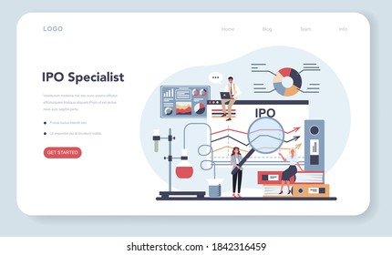 Initial Public Offerings specialist web banner or landing page. IPO consultant. Investing strategy. Idea of money increase and finance growth. Vector illustration in flat style