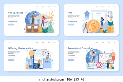 Ofertas Públicas Iniciales Banner de la web o página de inicio. Consultor de OPV. Estrategia de inversión. Idea de aumento de dinero y crecimiento financiero. Ilustración vectorial en estilo plano