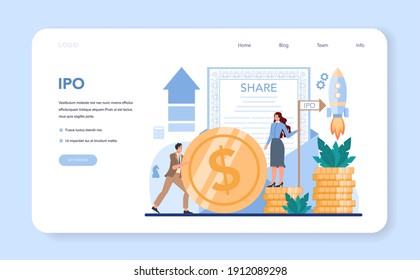 Initial Public Offerings specialist web banner or landing page. IPO consultant. Investing strategy. Idea of money increase and finance growth. Vector illustration in flat style