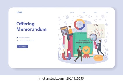 Initial Public Offerings specialist web banner or landing page. IPO consultant. Investing strategy. Idea of money increase and finance growth. Vector flat illustration