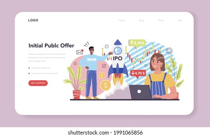 Initial Public Offerings web banner or landing page. IPO consultant. Investing strategy. Idea of money increase and finance growth. Vector illustration in flat style