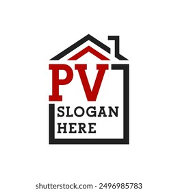 Initial PV house logo for Roofing. Letter PV Real Estate Logo