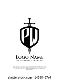 initial PW letter with shield style logo template vector