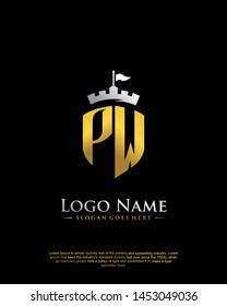 initial PW letter with shield style logo template vector