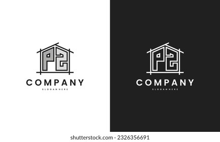 Logo inicial de PZ home con elemento de casa creativo en estilo de arte de línea plantilla de diseño vectorial