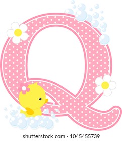 initial q with bubbles and cute rubber duck isolated on white. can be used for baby girl birth announcements, nursery decoration, party theme or birthday invitation. Design for baby girl