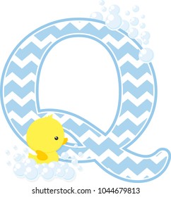 initial q with bubbles and little baby rubber duck isolated on white background. can be used for baby boy birth announcements, nursery decoration, party theme or birthday invitation