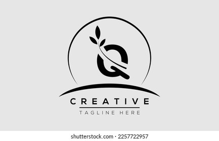 initial Q circle letter logo design with leaf. Q logo icon vector template.