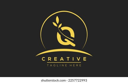 initial Q circle letter logo design with leaf. Q logo icon vector template.