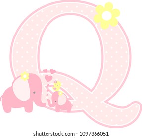 initial q with cute elephant and little baby elephant isolated on white. can be used for mother's day card, baby girl birth announcements, nursery decoration, party theme or birthday invitation