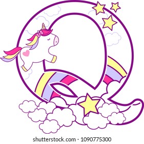 initial q with cute unicorn and rainbow. can be used for baby birth announcements, nursery decoration, party theme or birthday invitation. Design for baby and children