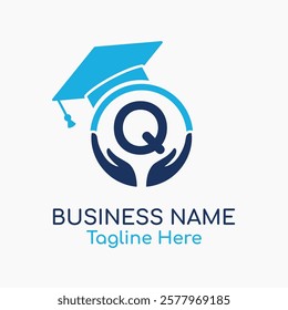 Initial Q Education Logo with Graduation Logo. School Education Care and Hand Logo Concept. Student Help Logo Design Vector