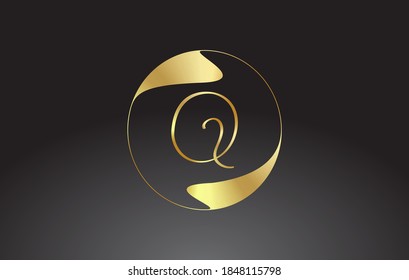 Initial Q handwritten letter logo with golden elegant design and golden wave circle. Shiny metal creative vector illustration with letter Q.