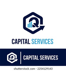 Initial Q Letter with Bar Chart and Up Growing Arrow for Finance, Capital Business Services Logo Idea Template