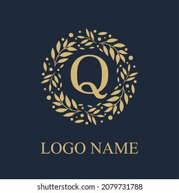 Initial Q Letter in Circle Leaves Wreath Frame for Cosmetic, Make up, Fashion, Hotel, Resto, Resort, Real Estate, Apartment Business Logo Vector Template