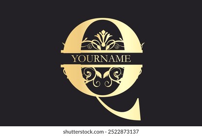 Initial Q letter, floral Split Letter Monogram,luxury Wedding invitation Monogram Design,gold color on black background