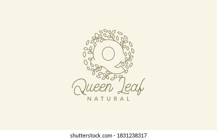 initial Q or letter Q with leaf  ornament on circle luxury modern logo vector icon illustration design 