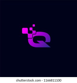 Initial Q Letter Logo Design teamplate with Digital Pixels element technology in Purple Colors