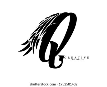 Initial Q letter luxury beauty flourishes monogram black wings ornament. 