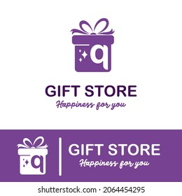 Initial q Letter on Gift Box for Simple Modern Gift Store Retail Business Logo. Present, Surprise toys anniversary shop Logo Design Template