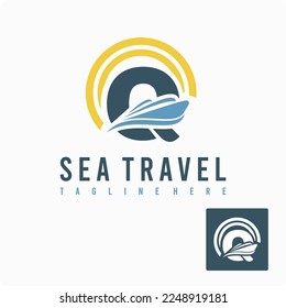 Initial Q Letter with Ship Marine, Wave and Sun Icon for Travel Holiday Agency Business Logo Idea Template