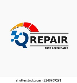 Initial Q Letter with Speedometer, Race Icon for Automotive Company Logo. Motor Transportation Accelerated Service Store Logo Template