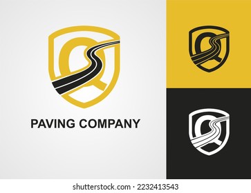 Initial Q Letter with Street Asphalt, Paving and Shield for Construction Business Logo Template idea. Maintenance Roadwork