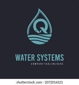 Initial Q Letter  With Water Drop And Leaf For Water Drainage, Sanitation, Purified, Repair, Cleanup, Maintenance Water System Service Company Logo Vector Idea