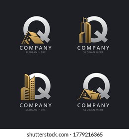 Logo inicial de Q con elementos inmobiliarios en color oro y plata