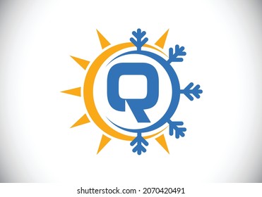 Initial Q monogram alphabet with abstract sun and snow. Air conditioner logo sign symbol. Hot and cold symbol. Modern vector logo for conditioning business and company identity