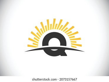 Initial Q monogram alphabet with the abstract sun and swoosh. Sunburst logo sign symbol. Modern vector logo for business and company identity