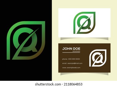 Initial Q monogram alphabet with abstract leaf. Eco-friendly logo concept. Font emblem