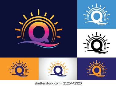 Initial Q monogram alphabet with abstract sun and wave. Ocean sun logo design. Font emblem
