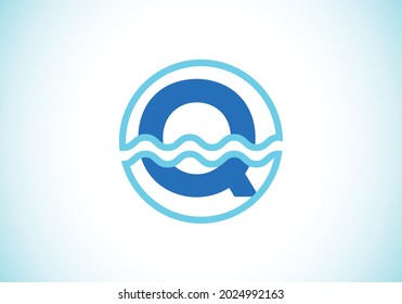 Initial Q monogram alphabet in a circle with water waves. Water wave logo design. Logo for the ocean, sea-related business, and company identity