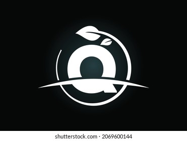 Initial Q monogram alphabet with circle leaf and swoosh. Eco-friendly logo concept. Font emblem. Modern vector logo for ecological business and company identity