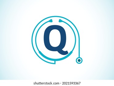 Initial Q monogram alphabet with doctor stethoscope. Vector stethoscope logo or icon. Logo for medical and pharmaceutical business and company identity