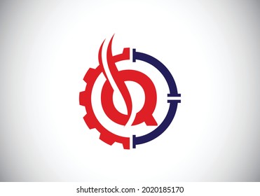 Initial Q monogram alphabet with gear pipe and flame. Oil and gas logo concept. Font emblem. Modern vector logo for petroleum business and company identity