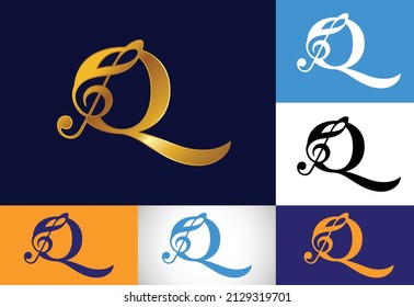 Initiales Q Monogramm-Alphabet mit einer musikalischen Note. Sinfonie oder Melodie. Symbol für musikalisches Zeichen.