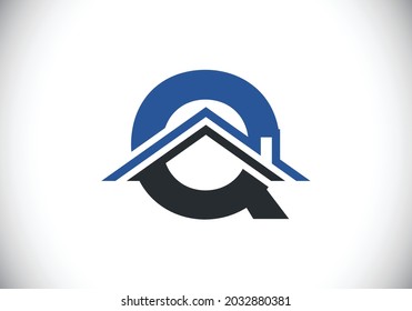 Initial Q monogram alphabet with the roof. Home or house sign. Real estate logo concept. Font emblem. Modern vector logo for Real estate business and company identity.