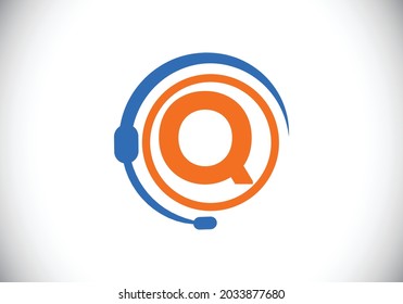 Initial Q monogram letter alphabet and support service with headphones. Headphone logo. Hotline customer advice, call center help. Modern vector logo for business and company identity.
