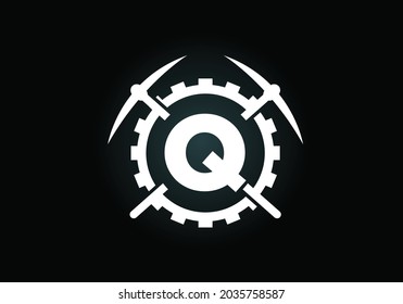 Initial Q monogram letter alphabet with pickaxe and gear sign. Mining logo design concept. Modern vector logo for mining business and company identity.