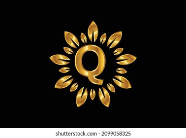 Initial Q monogram letter alphabet with leaf wreath. Golden leaf, flower logo design concept. Modern vector logo design for business, and company identity.