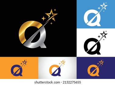 Alfabeto inicial de letra monogramo Q con icono del logo de la estrella y el swoosh. Resumen del diseño del símbolo del logo de la estrella. Logo vectorial moderno para identidad empresarial y de empresa.