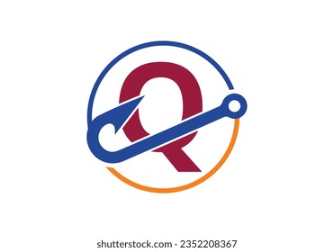 Alfabeto monocálmico Q inicial con gancho de pesca. Ilustración vectorial del concepto del logotipo de pesca